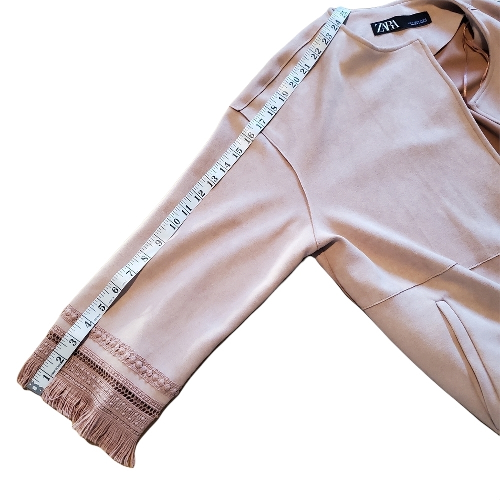 Women's Zara Jacket Faux Suede Fringe 3/4 Sleeves Light Dusty Pink Rose Medium M - Picture 13 of 16